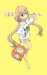  ahoge bare_legs barefoot bike_shorts blonde_hair blush breasts brown_eyes closed_mouth clothes_writing collarbone commentary_request cosplay doma_umaru female futaba_anzu futaba_anzu_(cosplay) hair_between_eyes hair_tie hamster_hood himouto!_umaru-chan holding idolmaster idolmaster_cinderella_girls komaru_(himouto!_umaru-chan) long_hair looking_at_viewer low_twintails nekonopapa oversized_clothes partial_commentary shirt short_sleeves sidelocks simple_background small_breasts smile solid_circle_eyes solo striped_bike_shorts striped_clothes stuffed_toy t-shirt translated twintails v very_long_hair yellow_background 