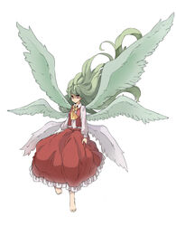  ascot bad_id bad_pixiv_id barefoot female floating_hair full_body green_hair green_wings hukasikasi kazami_yuuka kazami_yuuka_(pc-98) kioh_gyoku long_hair long_skirt long_sleeves multiple_wings red_eyes seihou skirt skirt_set solo touhou touhou_(pc-98) very_long_hair vest white_background white_wings wings 