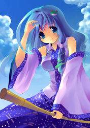  absurdres alternate_color bad_id bad_pixiv_id bamboo_broom bare_shoulders blue_eyes blue_hair broom detached_sleeves female frog hair_ornament hair_tubes highres jpeg_artifacts kobanzame kochiya_sanae long_hair smile solo sweat touhou 