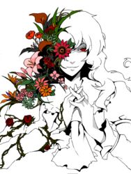  ann606 ascot bird_of_paradise_flower calla_lily carnation colored_eyelashes eyelashes female flower flower_request kazami_yuuka kazami_yuuka_(pc-98) lily_(flower) long_hair monochrome monster_girl own_hands_clasped own_hands_together plant_girl poppy_(flower) puffy_sleeves red_eyes red_flower red_rose rose smile smirk solo spot_color tegaki touhou touhou_(pc-98) 