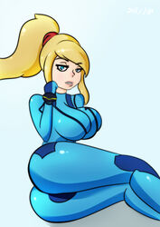  bad_anatomy blonde_hair blue_bodysuit blue_eyes bodysuit breasts female half-closed_eyes high_ponytail jellyjigs large_breasts long_hair looking_at_viewer metroid neon_trim parted_lips samus_aran self-upload solo swept_bangs zero_suit 