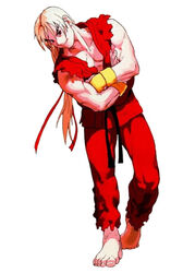  1990s_(style) 1boy armor barefoot bengus blonde_hair blue_eyes crossed_arms dougi hair_ribbon japanese_armor ken_masters kote long_hair male_focus muscular official_art photoshop_(medium) ponytail retro_artstyle ribbon smile solo street_fighter thick_eyebrows torn_clothes torn_sleeves x-men_vs._street_fighter 