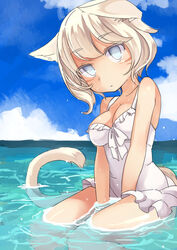  animal_ears animal_tail bare_shoulders blind blue_eyes breasts cleavage female final_fantasy final_fantasy_xiv kajio_(maburo) miqo&#039;te short_hair swimsuit tail water white_hair y&#039;shtola 