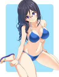  bad_id bad_twitter_id bikini black_hair blue_background blue_bikini blue_eyes blush breasts cleavage collarbone commentary_request female glasses groin hair_between_eyes hibike!_euphonium holding_own_foot jpeg_artifacts light_smile long_hair medium_breasts mirai_denki navel red-framed_eyewear sandals sitting solo swimsuit tanaka_asuka wariza wavy_hair 