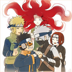  2girls 3boys anger_vein black_eyes black_hair blonde_hair brown_hair clenched_teeth closed_eyes eyebrows fingernails fingers flak_jacket forehead_protector goggles gritted_teeth hands hatake_kakashi headband konohagakure_symbol long_hair mask namikaze_minato naruto nohara_rin red_hair short_hair silver_hair teeth uchiha_obito uzumaki_kushina very_long_hair white_background white_hair 