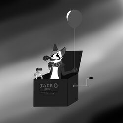  1:1 2018 balloon black_and_white black_eyes box canid canine canis claws container creepy hair hi_res inflatable jack-o jack-o&#039;s_box jack_in_the_box looking_at_viewer mammal monochrome puppet simple_background teeth the_chaos_of_nightmares wolf 