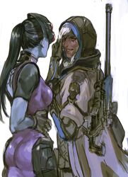  2girls absurdres ana_(overwatch) ass back back_tattoo black_gloves bodysuit braid breasts brown_eyes coat colored_skin commentary_request cowboy_shot dark-skinned_female dark_skin earrings eyepatch facial_mark facial_tattoo from_behind gauntlets gloves gun hair_pulled_back head-mounted_display headband highres hijab hood jewelry korean_commentary long_hair long_sleeves medium_breasts muehe multiple_girls old old_woman overwatch overwatch_1 pants pink_bodysuit ponytail purple_hair purple_skin rifle scope short_sleeves smile sniper_rifle spider_tattoo standing stud_earrings tattoo weapon weapon_on_back white_hair widowmaker_(overwatch) 