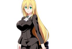  black_clothes blonde_hair blush breasts closed_mouth female floating_hair game_cg green_eyes hair_between_eyes highres large_breasts long_hair looking_at_viewer nuko_majin simple_background smile solo standing tearju_lunatique to_love-ru to_love-ru_darkness 