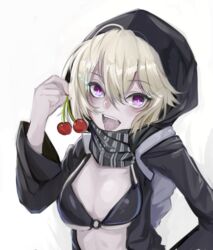  abyssal_ship backpack bad_id bad_pixiv_id bag bikini black_bikini blonde_hair blush cherry cucurbita female food fruit hand_on_own_hip holding hood kantai_collection long_sleeves looking_at_viewer o-ring o-ring_top open_mouth pale_skin purple_eyes re-class_battleship scarf simple_background solo swimsuit teeth tongue tongue_out white_background wide_sleeves 