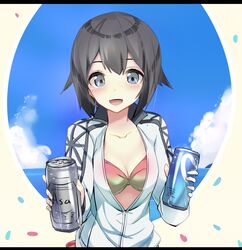  :d beer_can bikini bikini_top_only black_hair blue_eyes blue_sky blush can cloud collarbone commentary_request day drink_can female grey_eyes hayasui_(kancolle) jacket kantai_collection long_sleeves looking_at_viewer open_clothes open_jacket open_mouth short_hair sky smile solo swimsuit tenrai track_jacket zipper 