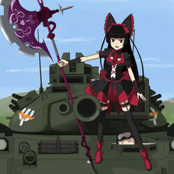  commentary_request electro female gate_-_jieitai_ka_no_chi_nite_kaku_tatakaeri gothic_lolita halberd lolita_fashion military military_vehicle motor_vehicle polearm rory_mercury solo tank type_74_(tank) weapon 