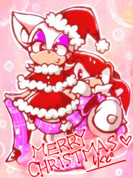  anthro bat bodily_fluids christmas duo echidna english_text female holidays knuckles_the_echidna male mammal monotreme rouge_the_bat sega sonic_the_hedgehog_(series) sweat text urahyu 