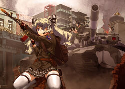  boots building city combat_vehicle fire gloves goggles gun harumaki-0327 long_hair military original purple_eyes ribbons ruins skirt thighhighs twintails uniform weapon white_hair 