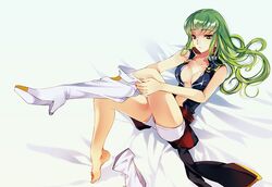  bare_shoulders barefoot bed_sheet breasts c.c. cleavage code_geass collarbone feet female full_body green_hair high_heels knee_up leg_up legs long_hair lying medium_breasts meimi_k on_back on_bed parted_lips plantar_flexion putting_on_shoes shoes sidelocks single_shoe solo uniform yellow_eyes 