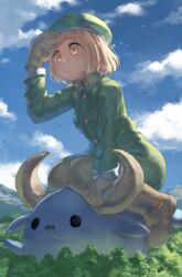  babe_(fate) blonde_hair blush boots brown_footwear brown_gloves closed_mouth commentary_request fate/grand_order fate_(series) female giant giantess gloves green_hat hat highres looking_away monosenbei outdoors pantyhose paul_bunyan_(fate) short_hair smile solo thigh_boots thighhighs yellow_eyes 