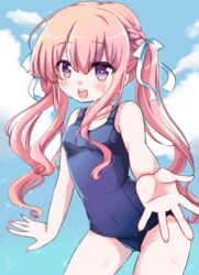  absurdres bad_id bad_pixiv_id blush female girlfriend_(kari) highres kagami_matsuri komatsu_tsumako long_hair one-piece_swimsuit open_mouth outstretched_hand pink_eyes pink_hair ribbon school_swimsuit smile solo swimsuit twintails wet 