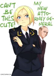  1boy :&lt; artist_request bad_source blonde_hair blue_eyes blush can&#039;t_be_this_cute crossed_arms english_text female formal natalia_poklonskaya ore_no_imouto_ga_konna_ni_kawaii_wake_ga_nai parody pencil_skirt politician real_life skirt suit uniform vladimir_putin 