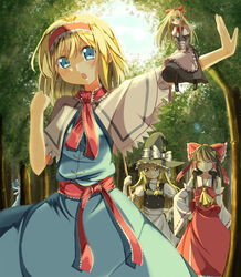  4girls alice_margatroid ayataka blonde_hair blue_eyes blush braid brown_eyes cirno closed_eyes commentary_request dress forest hair_tubes hakurei_reimu hat highres kirisame_marisa multiple_girls nature open_mouth outstretched_arm photoshop_(medium) shanghai_doll smile sweatdrop touhou v_arms witch_hat 