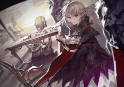  aituoku armor bad_id bad_pixiv_id book cape chair dutch_angle elf female grey_hair looking_at_viewer pixiv_fantasia pixiv_fantasia_fallen_kings pointy_ears red_eyes short_hair smile table 