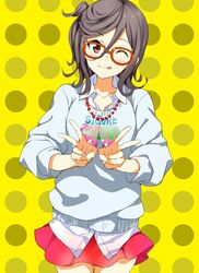  ;3 ;q brown_eyes brown_hair clothes_writing commentary_request cowboy_shot double_v dress_shirt female glasses hair_between_eyes jewelry jpeg_artifacts mirai_denki necklace one_eye_closed polka_dot polka_dot_background red-framed_eyewear red_skirt seto_ferb shirt skirt solo sweater tokyo_7th_sisters tongue tongue_out untucked_shirt v yellow_background 