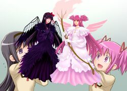  2girls :d akemi_homura akuma_homura black_dress black_gloves black_hair black_wings blush bow_(weapon) character_doll commentary_request creator_connection dress feathered_wings flying_sweatdrops gloves gradient_background hair_ribbon hairband kaname_madoka lips long_hair mahou_shoujo_madoka_magica mahou_shoujo_madoka_magica:_hangyaku_no_monogatari mitakihara_school_uniform multiple_girls open_mouth pink_eyes pink_hair puppet red_ribbon ribbon sca_jam school_uniform short_twintails smile spoilers thunderbolt_fantasy twintails two_side_up ultimate_madoka upper_body urobuchi_gen weapon white_dress white_gloves wings 