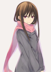  brown_hair coat female iki_hiyori kawata_hisashi long_hair looking_at_viewer noragami photoshop_(medium) red_eyes scarf simple_background smile solo v_arms winter_clothes 