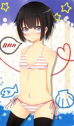  black_hair black_thighhighs bloodcatblack bra commentary_request female fish flat_chest grey_eyes heart original panties shell short_hair solo star_(symbol) thighhighs underwear 