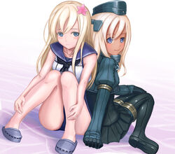  2girls blonde_hair blue_eyes bodysuit commentary_request cosplay costume_switch crop_top cropped_jacket dual_persona gakky-cf garrison_cap hat kantai_collection long_hair long_sleeves multiple_girls puffy_long_sleeves puffy_sleeves ro-500_(kancolle) ro-500_(kancolle)_(cosplay) sailor_collar school_swimsuit swimsuit swimsuit_under_clothes tan u-511_(kancolle) u-511_(kancolle)_(cosplay) 