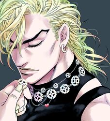  1boy blonde_hair closed_eyes commentary_request dio_brando earrings eyelashes gears heart jewelry jojo_no_kimyou_na_bouken male_focus merumeru626 necklace portrait solo turtleneck 