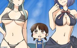  3girls :d arms_behind_back bikini black_bikini blood blue_sky blush breast_awe breasts brown_eyes brown_hair chibi commentary dated day drooling green_hair halterneck hamu_koutarou hand_on_own_hip highres kantai_collection large_breasts long_hair low_twintails multiple_girls name_tag navel nosebleed official_alternate_costume one-piece_swimsuit open_mouth out_of_frame purple_hair saliva sarong school_swimsuit shirayuki_(kancolle) short_twintails sky smile sparkling_eyes suzuya_(kancolle) swimsuit tatsuta_(kancolle) tatsuta_(swimsuit_mode)_(kancolle) twintails underboob 