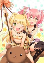  2girls :o ;d animal_print bare_shoulders belt blunt_bangs breasts cleavage commentary_request dekosuke eyebrows facepaint feather_hair_ornament feathers green_eyes hair_ornament hand_on_another&#039;s_shoulder idolmaster idolmaster_cinderella_girls jewelry jougasaki_mika jougasaki_rika looking_at_viewer medium_breasts midriff multiple_girls multiple_riders navel neck_ring necklace one_eye_closed open_mouth pink_hair polearm riding short_hair shorts siblings sidesaddle sisters small_breasts smile stuffed_animal stuffed_toy sweatdrop teddy_bear teeth thighhighs tiger_print two_side_up vest weapon 