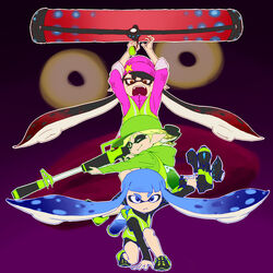  3girls agent_3_(splatoon) aiming alternate_costume alternate_hair_color arm_support baseball_cap beanie bike_shorts blue_eyes blue_hair brown_eyes callie_(splatoon) commentary con_(my0312) fangs green_hair hat hero_charger_(splatoon) hero_roller_(splatoon) hero_shot_(splatoon) holding hood hoodie ink_tank_(splatoon) inkling inkling_girl inkling_player_character jacket jumping long_hair long_sleeves looking_at_viewer marie_(splatoon) mole mole_under_eye multiple_girls octarian_(enemy) octostomp one_eye_closed open_mouth paint_roller pointy_ears shoes sleeves_rolled_up smile sneakers splatoon_(series) splatoon_1 squatting squidbeak_splatoon star_(symbol) super_soaker tentacle_hair vest 