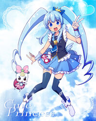  ayami_chiha blue_bow blue_eyes blue_hair blue_skirt boots bow brooch character_name commentary_request crown crown_bow cure_princess female gold_crown hair_ornament happinesscharge_precure! heart heart_brooch jewelry long_hair magical_girl open_mouth photoshop_(medium) pink_bow pointed_crown precure ribbon_(happinesscharge_precure!) shirayuki_hime skirt smile thighhighs twintails v wrist_cuffs 