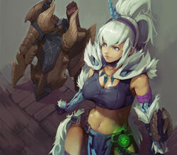  arm_belt arms_at_sides belt blue_eyes breasts charge_blade closed_mouth collarbone commentary_request cowboy_shot female fur_trim gauntlets glowing hair_between_eyes hairband highres horns insect_cage jewelry kirin_(armor) lips loincloth long_hair looking_to_the_side medium_breasts monster_hunter:_world monster_hunter_(character) monster_hunter_(series) navel pendant photoshop_(medium) ponytail satoshi1923 shield sidelocks single_horn smile solo sports_bra standing stomach sword thighhighs weapon white_hair 