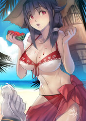  admiral_(kancolle) asdj beach bikini black_hair blush breasts cleavage collarbone commentary covered_nipples cowboy_shot day female food food_on_body food_on_breasts fruit groin hair_over_shoulder highres kantai_collection large_breasts long_hair looking_at_viewer low_ponytail navel out_of_frame outdoors parted_lips photoshop_(medium) ponytail pov pov_hands red_eyes ryuuhou_(kancolle) sarong solo_focus stomach swimsuit taigei_(kancolle) watermelon watermelon_seeds 