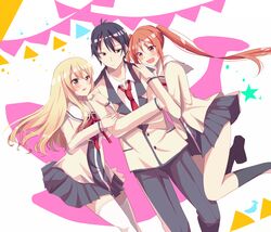  1boy 2girls aho_girl akutsu_akuru black_hair blonde_hair brown_eyes dutch_angle hanabatake_yoshiko highres long_hair multiple_girls necktie pink_eyes red_necktie school_uniform sumino_sayaka thighhighs twintails yellow_eyes 