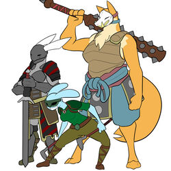  1:1 armor axe barefoot belt berserker blue_byte_(game_developer) boots bran-draws-things breasts canid canine chainmail chest_tuft clothing club_(weapon) digital_media_(artwork) feet female footwear for_honor_(game) fox group gwen_(bran-draws-things) headgear helmet hi_res holding_axe holding_melee_weapon holding_object holding_sword holding_weapon kanabō knee_pads knight lagomorph leporid longsword mace mammal mask maul melee melee_weapon muscular muscular_female noh_mask oni_mask rabbit shin_guards shoulder_pads sword toki_(bran-draws-things) tuft warrior weapon 