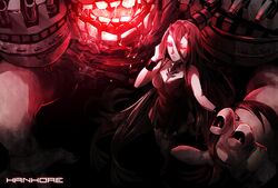  abyssal_ship bad_id bad_pixiv_id battleship_princess black_dress black_hair cannon collarbone dress female glowing glowing_eyes hands highres horns kantai_collection long_hair open_mouth otani_(gloria) red_eyes short_dress skin-covered_horns sleeveless solo teeth turret very_long_hair weapon 