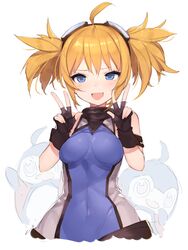  :d ahoge bad_id bad_twitter_id bird black_gloves blonde_hair blue_eyes blush double_v female fingerless_gloves gloves goggles goggles_on_head granblue_fantasy k_(li) oerba_yun_fang open_mouth penguin pengy_(granblue_fantasy) short_hair short_twintails simple_background smile solo twintails v w white_background 