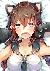  animal_ears animal_hands aozora_nan bare_shoulders bed_sheet blue_eyes braid breasts brown_hair cat_ears cleavage commentary_request female gloves hair_between_eyes highres kantai_collection large_breasts long_hair looking_at_viewer lying noshiro_(kancolle) on_back open_mouth paw_gloves school_uniform serafuku shirt sleeveless sleeveless_shirt solo twin_braids upper_body 