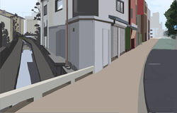  bad_id bad_pixiv_id canal city commentary day drainpipe flat_color guard_rail no_humans outdoors overhead_door photoshop_(medium) road road_sign sbc scenery sidewalk sign street tree window 