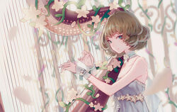  bare_shoulders blue_eyes brown_hair commentary_request dress female flower green_eyes harp heterochromia idolmaster idolmaster_cinderella_girls instrument limbo_(artist) photoshop_(medium) plant short_hair smile solo takagaki_kaede vines 