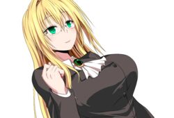  black_clothes blonde_hair blush breasts brooch closed_mouth female formal game_cg glasses green_eyes hair_between_eyes highres jewelry large_breasts long_hair looking_at_viewer nuko_majin simple_background smile solo suit tearju_lunatique to_love-ru to_love-ru_darkness upper_body 