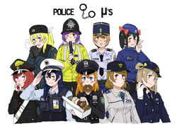  6+girls anyan_(jooho) ayase_eli baton_(weapon) black_gloves black_hair blonde_hair blue_eyes blue_hair bow brown_eyes brown_hair bundespolizei carabinieri commentary_request custodian_helmet doughnut federale_politie food food_in_mouth fur_hat gendarmerie_nationale gloves green_eyes hairbow hat highres hoshizora_rin koizumi_hanayo kosaka_honoka long_hair looking_at_viewer love_live! love_live!_school_idol_project metropolitan_police_service minami_kotori mouth_hold multiple_girls new_york_city_police_department nishikino_maki one_eye_closed one_side_up open_mouth orange_hair photoshop_(medium) police police_hat police_uniform policewoman politsiya ponytail purple_eyes purple_hair radio red_eyes red_hair russian_flag salute short_hair simple_background smile sonoda_umi tojo_nozomi tongue tongue_out twintails uniform ushanka weapon white_background white_gloves yazawa_nico yellow_eyes 