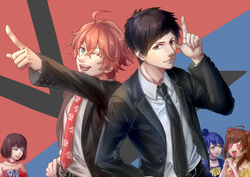  2boys 3girls ahoge bare_shoulders belt black_eyes black_necktie blue_eyes blue_hair brown_eyes brown_hair choker collarbone commentary_request finger_gun formal gotou_hidenori hand_on_belt hazama_masayoshi heart heart-shaped_eyes ky9 maya_mari misawa_mizuki morita_moe multiple_boys multiple_girls necktie one_eye_closed open_mouth own_hands_together pointing red_necktie samurai_flamenco twintails 