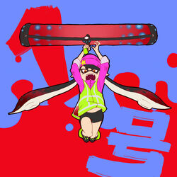  beanie bike_shorts black_hair brown_eyes callie_(splatoon) clothes_lift commentary_request con_(my0312) fangs female hat hero_roller_(splatoon) holding inkling jacket jumping long_hair long_sleeves looking_at_viewer mole mole_under_eye navel open_mouth paint_roller shirt_lift shoes sleeves_rolled_up sneakers solo splatoon_(series) splatoon_1 squidbeak_splatoon tentacle_hair translated wind wind_lift 