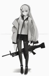  absurdres bad_id bad_pixiv_id closed_mouth commentary_request expressionless female full_body girls&#039;_frontline greyscale gun gyup h&amp;k_mg4 hair_ornament hairclip headphones highres hood hoodie long_hair mg4_(girls&#039;_frontline) mg4_(survival_club)_(girls&#039;_frontline) miniskirt monochrome official_alternate_costume open_clothes open_hoodie pantyhose pleated_skirt school_uniform serafuku shoes skirt sneakers solo standing weapon 