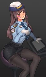  alternate_hairstyle animal_print belt belt_buckle black_background black_belt black_pantyhose black_skirt blue_shirt breast_pocket breasts brown_eyes brown_hair buckle buttons chinese_commentary collared_shirt commentary_request d.va_(overwatch) drawing_tablet epaulettes facepaint facial_mark feet_out_of_frame female female_service_cap gloves hand_up jewelry long_hair long_sleeves looking_at_viewer medium_breasts miniskirt name_tag necktie niur officer_d.va official_alternate_costume overwatch overwatch_1 pants pantyhose parted_lips photoshop_(medium) pink_lips pocket police police_uniform policewoman shirt simple_background sitting skirt solo striped striped_necktie teeth thighband_pantyhose uniform whisker_markings white_gloves wing_collar 