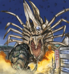  alien blue_eyes bug city daiei_film daraku48 explosion fire gamera gamera_(series) giant_monster insects kadokawa_daiei_studio kaijuu legion_(gamera) monster size_difference turtle tusks 