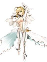  absurdres arm_up belt blonde_hair blush bodysuit breasts chains cleavage commentary_request dh_ead dress fate/extra fate/extra_ccc fate_(series) female full_body gloves green_eyes hair_intakes hand_up highres large_breasts lock looking_at_viewer nero_claudius_(bride)_(fate) nero_claudius_(fate) open_mouth padlock showgirl_skirt sidelocks simple_background skirt solo standing unzipped veil wavy_mouth white_background white_dress white_gloves white_skirt zipper 